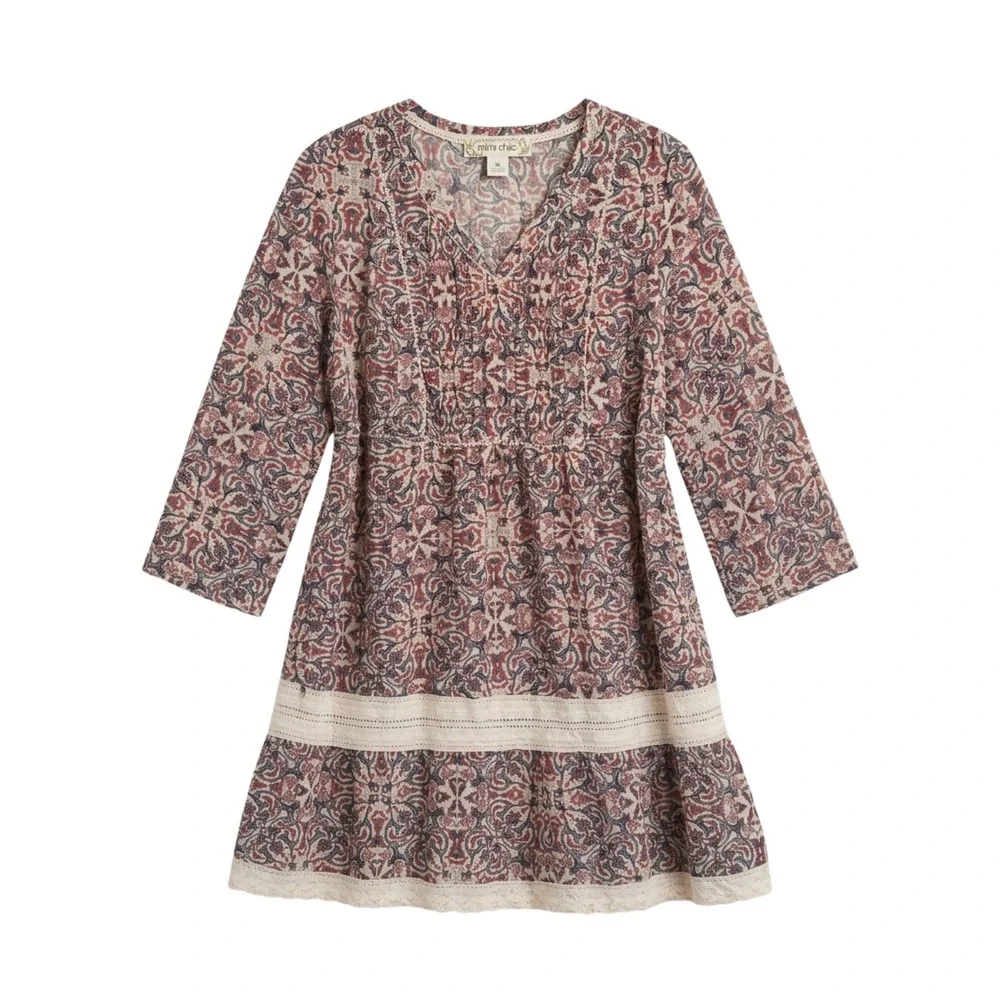 Mimi Chica Womens Boho Floral Lace Peasant V Neck Dress XL Red Navy Cream
